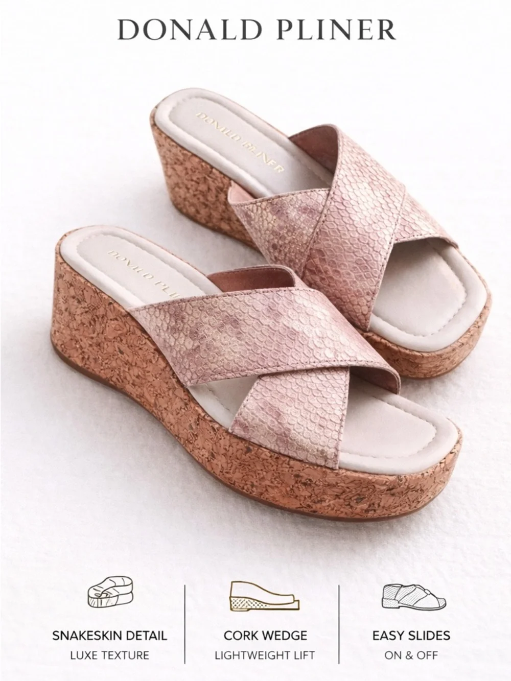 Donald Pliner Cork Wedge Slides Snakeskin Metallic Pink 5.5